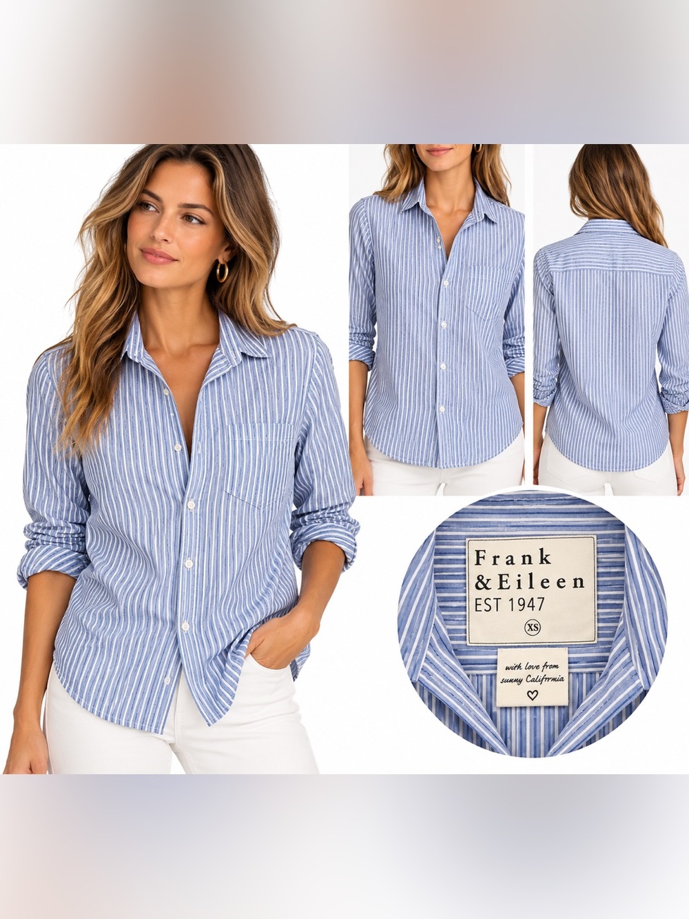 Frank & Eileen Barry Women’s XS Blue White Striped Cotton Button Down Shirt